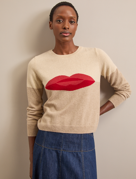 Love Lips Intarsia Knit Cashmere Boxy Jumper - Cream