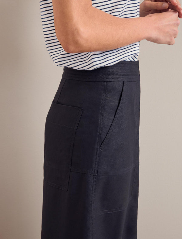 Safia Techni Linen Midi Skirt - Navy