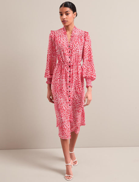 Stella Silk V Neck Midi Dress Red Camo Pansy Print