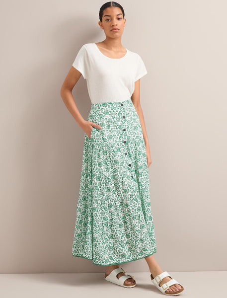 Rita Cotton Blend Maxi Skirt - Green Mono Floral Print