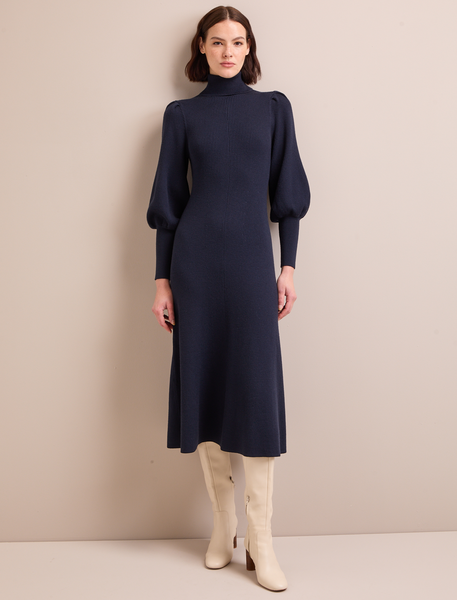 Eva Merino Wool Roll Neck Dress Navy