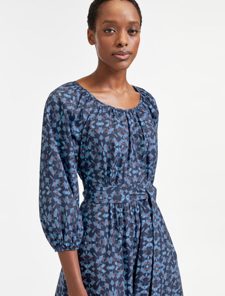 Ingrid Gathered Sleeve Organic Cotton Maxi Dress in Blue
