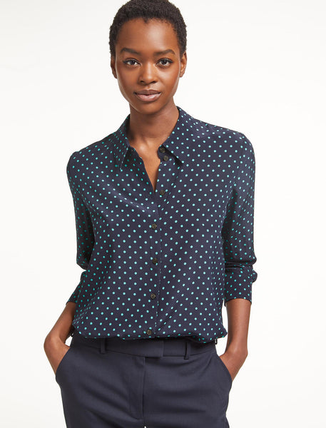 Skyla Silk Long Sleeve Collared Shirt in Navy Turquoise Polka Dot