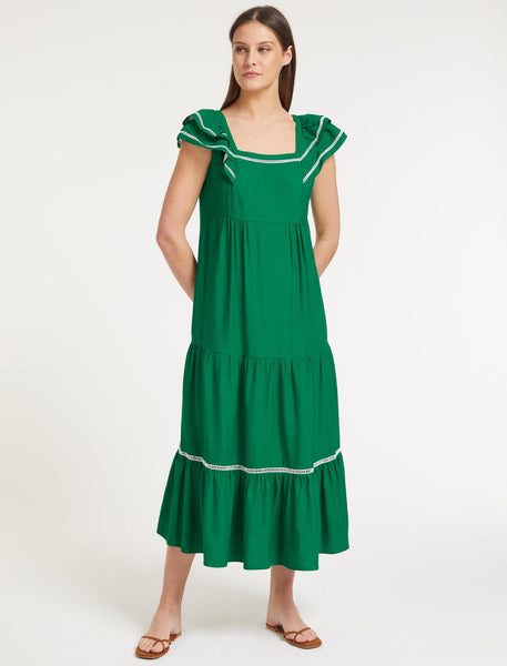 Bella Linen Blend Tiered Maxi Dress Emerald Green White