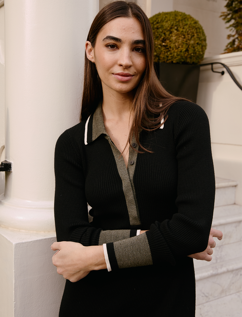 Josie Knit Dress - Black Khaki Colourblock