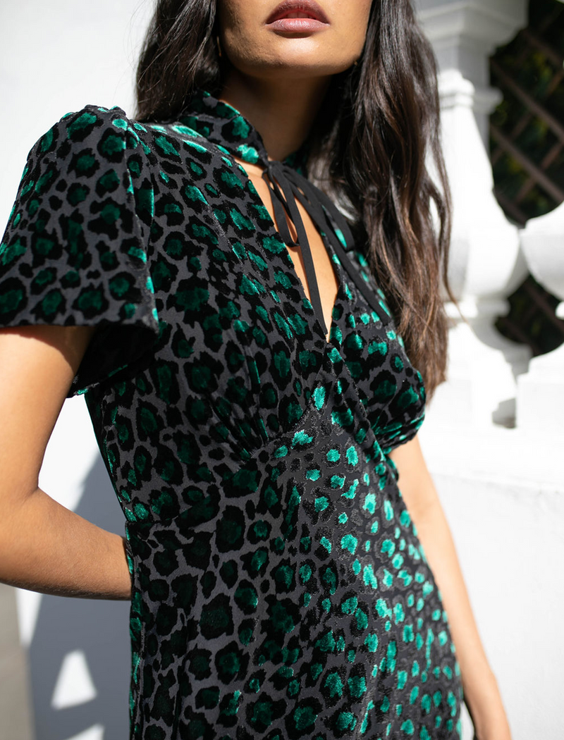 Jacquetta Devoré Bias Maxi Dress - Green Leopard Devoré