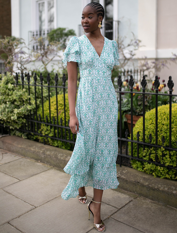 Lotta Gold Metallic Fil Coupé Maxi Dress - Pale Green Carnation Print