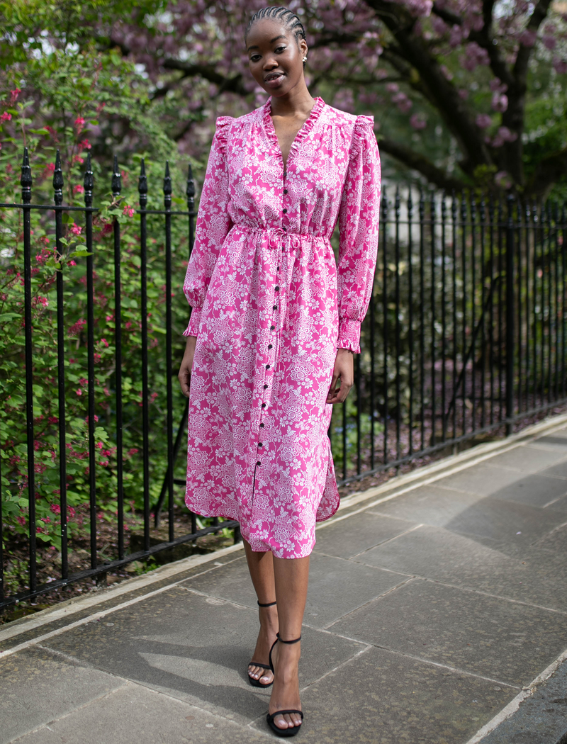 Stella Silk Midi Dress - Hot Pink Damask Print