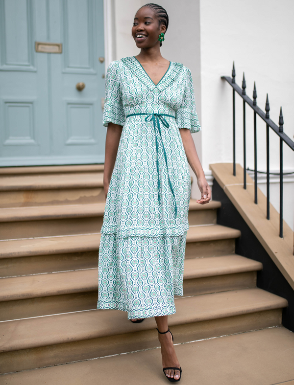 Cordelia Cotton Blend Maxi Dress - White Green Tudor Rose Print