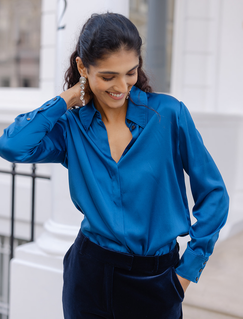 Skyla Stretch Silk Satin Shirt Blue