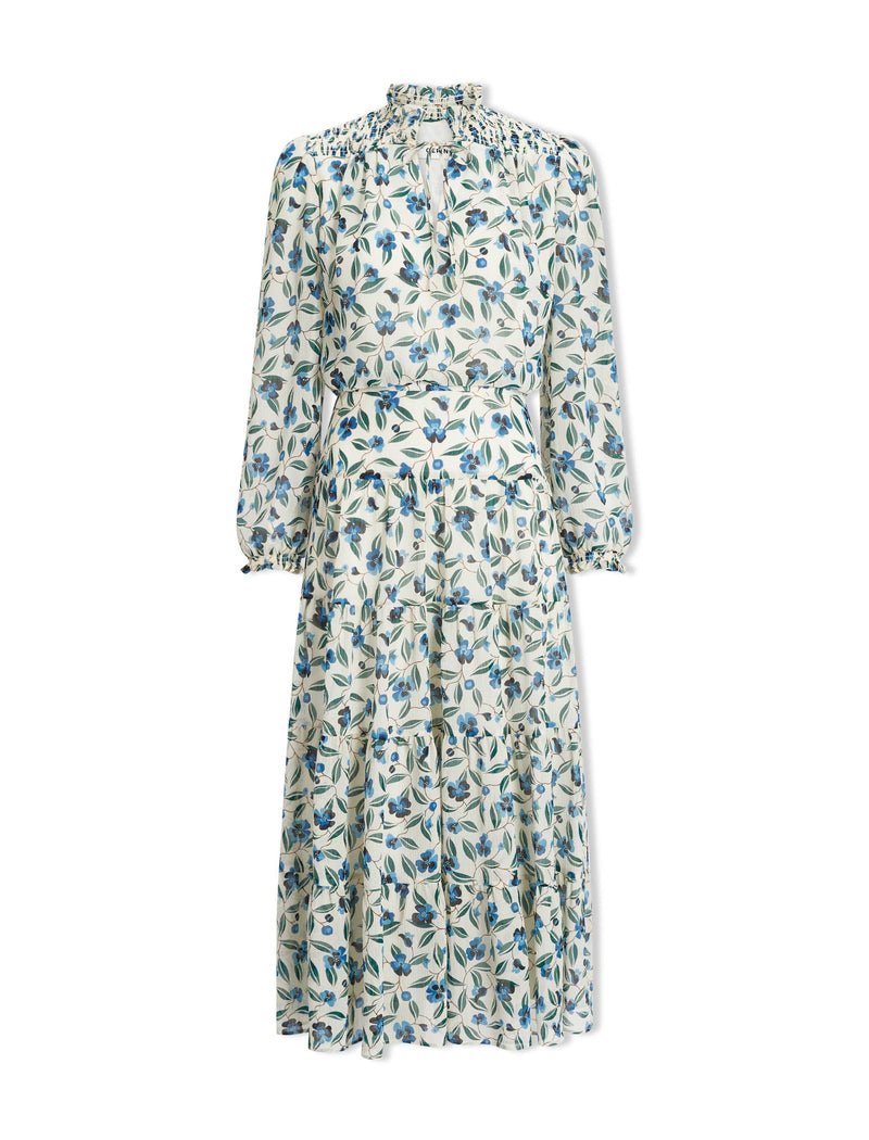 Zoe Long Sleeved Shirred Detail Tiered Maxi Dress - Cream Blue Deco ...