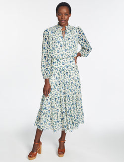 Zoe Long Sleeved Shirred Detail Tiered Maxi Dress Cream Blue