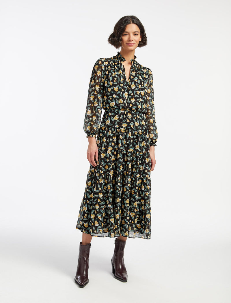 Zoe Maxi Dress - Black Yellow Deco Floral Print