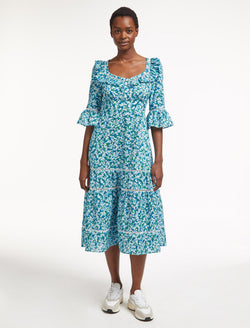 Emma Floral Midi Dress with 3 4 Length Sleeve Mid Blue Blossom Print