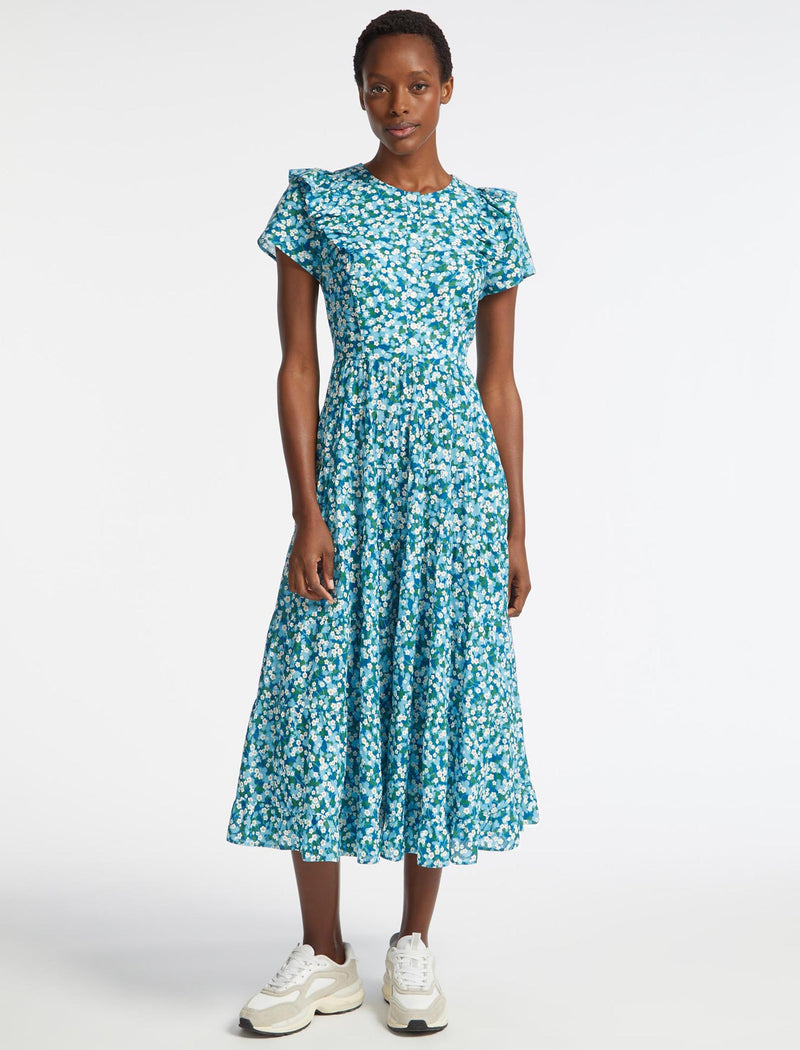 Sawyer Floral Short Sleeve Tiered Maxi Dress - Mid Blue Blossom Print