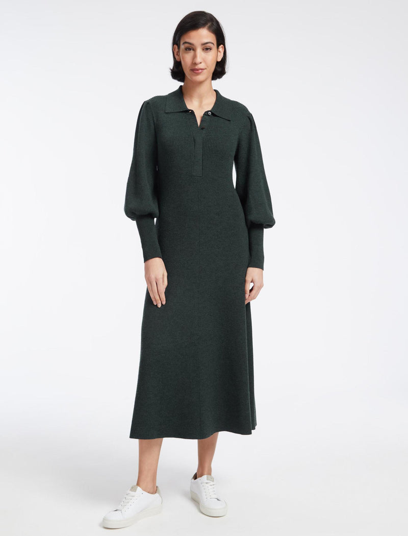 Eva Merino Wool Collared Knit Maxi Dress - Dark Green