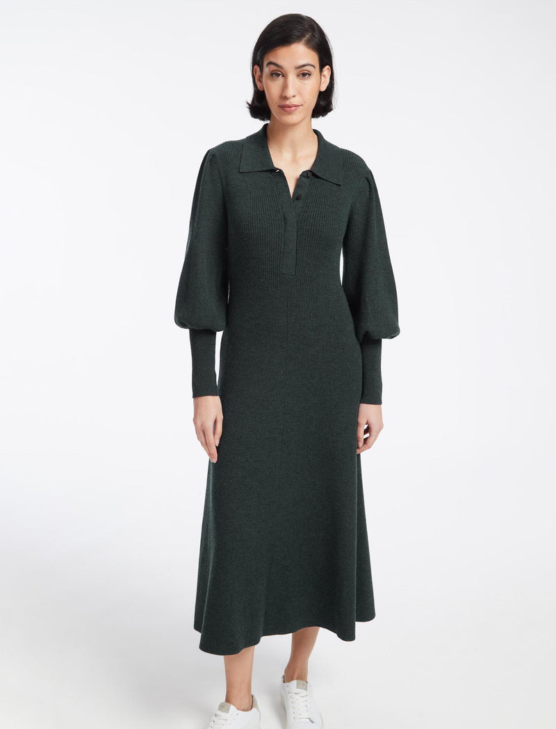 Eva Merino Wool Collared Knit Maxi Dress - Dark Green