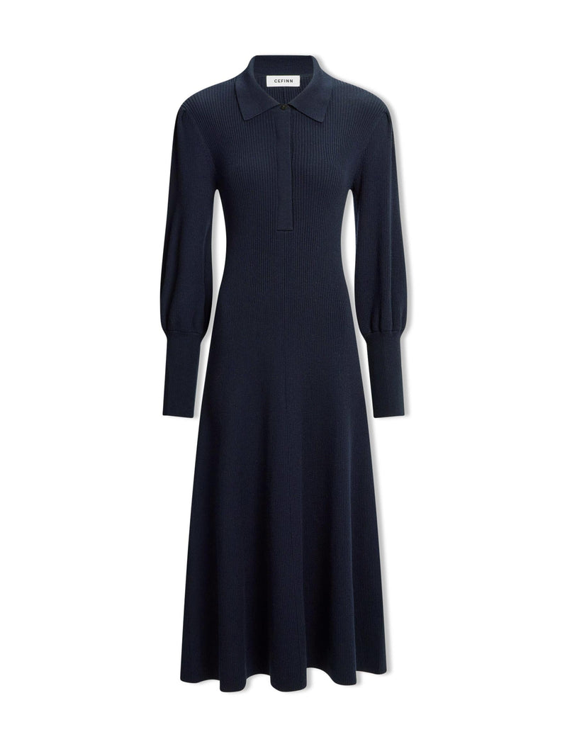 Eva Merino Wool Collared Knit Maxi Dress - Navy