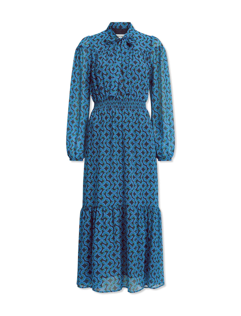 Geo - Blue Waist Dress Print Tie Shirred Midi with Rainbow Francesca Neck