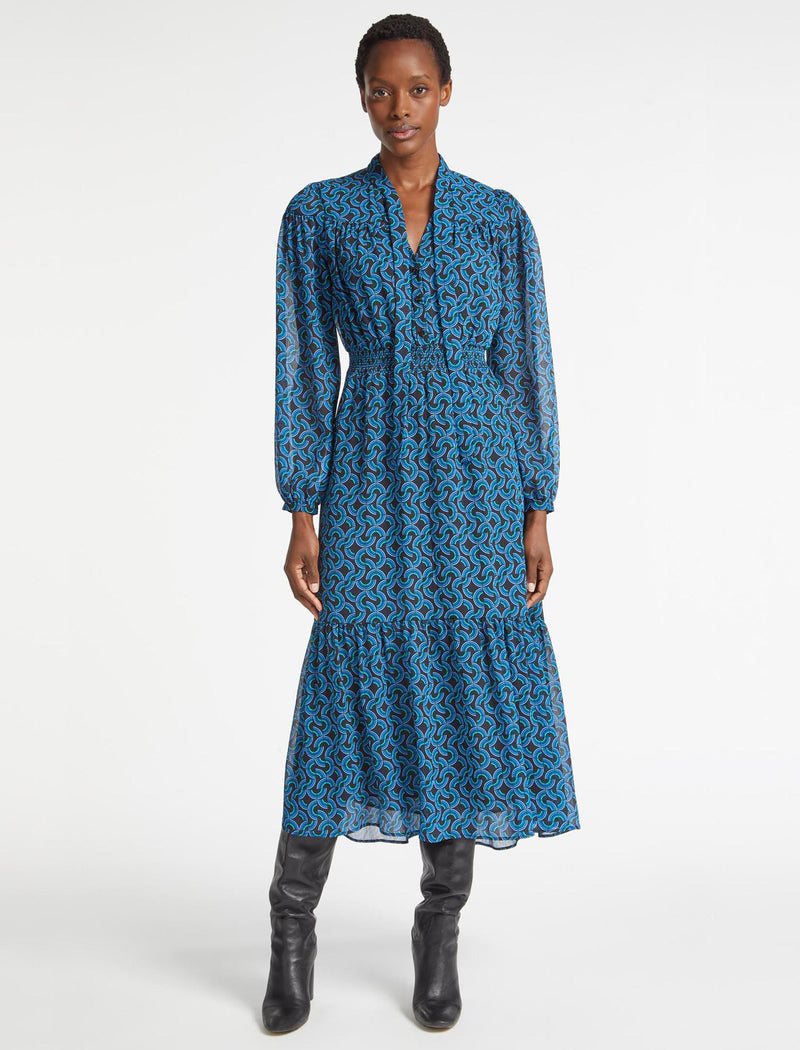 Francesca Shirred Waist Midi Dress with Neck Tie - Blue Rainbow Geo Print