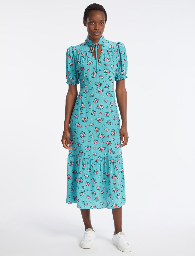 Rebecca Silk Short Sleeve Midi Dress with Neck Tie Detail - Mint Posy Print