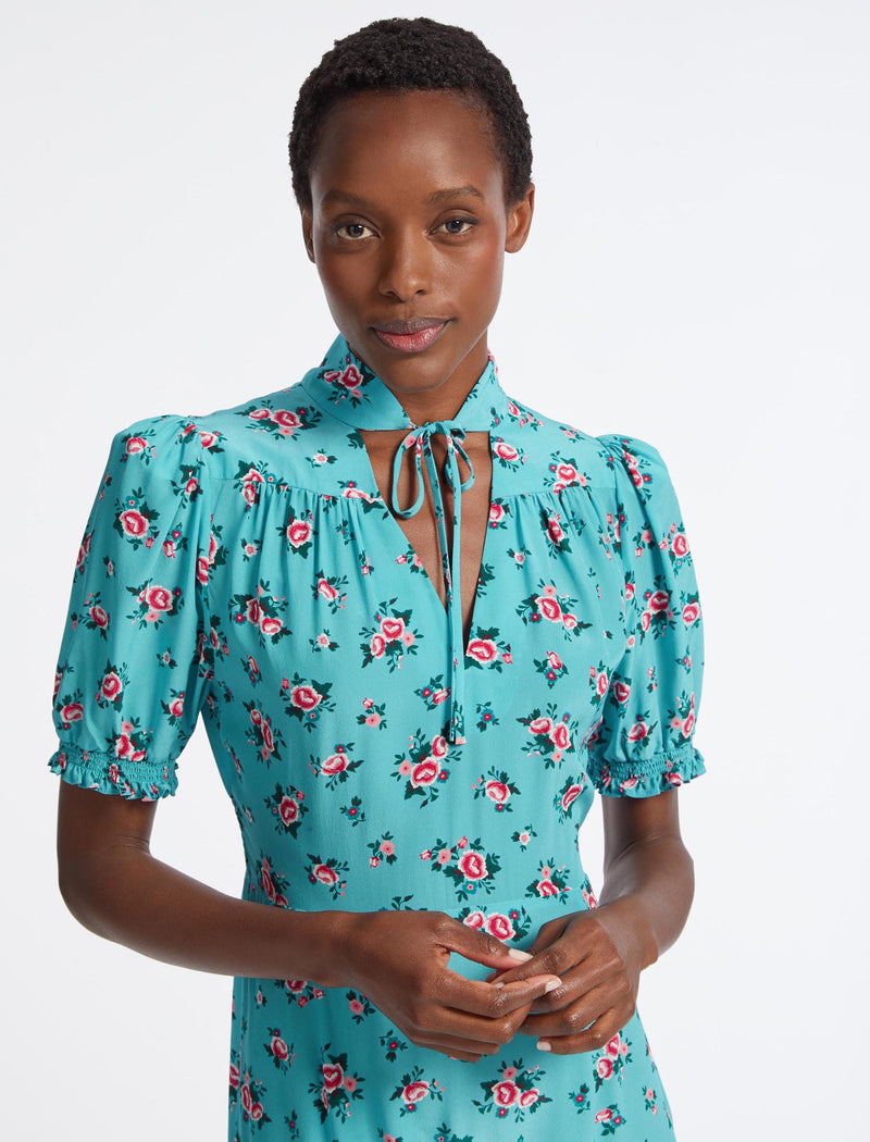 Rebecca Silk Midi Dress - Mint Posy Print