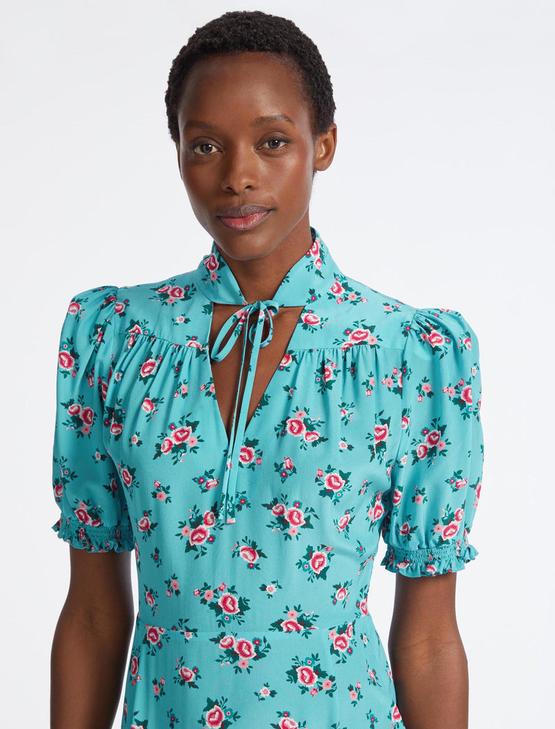 Rebecca Silk Midi Dress - Mint Posy Print