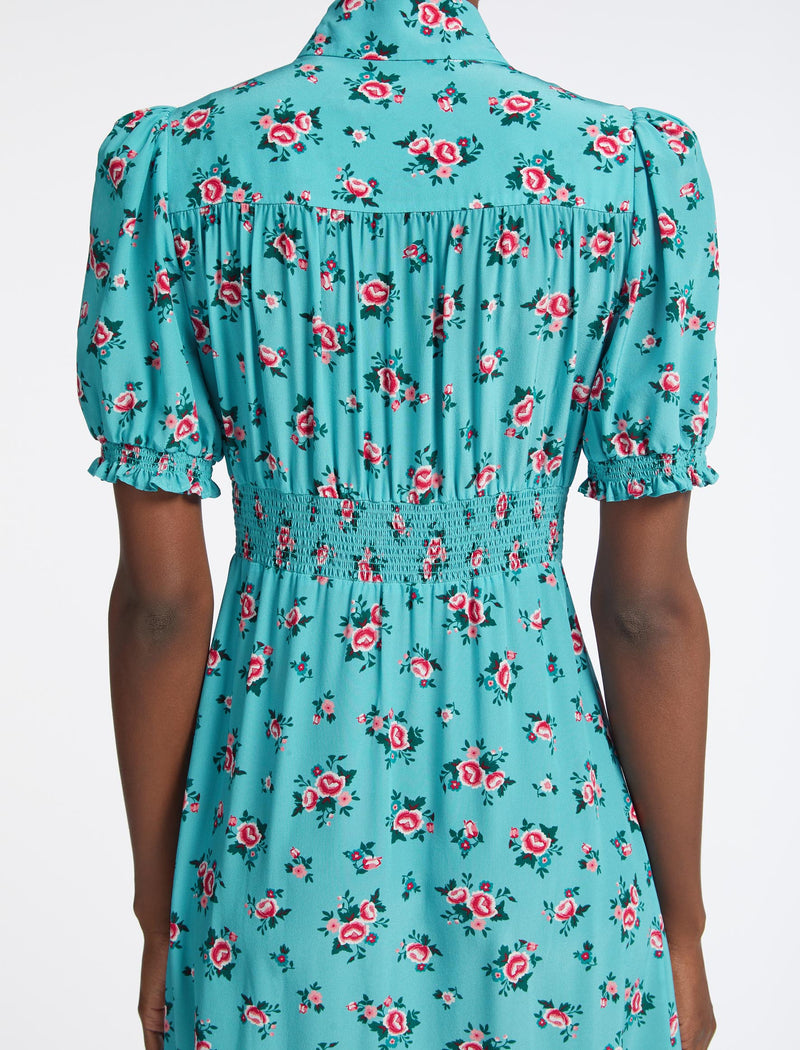 Rebecca Silk Midi Dress - Mint Posy Print