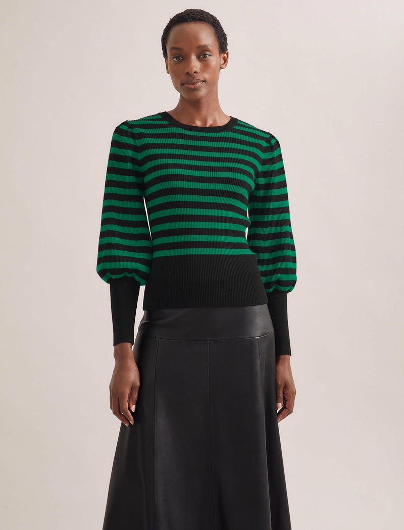 Eva Wool Crew Neck Jumper - Black Emerald Green Stripe