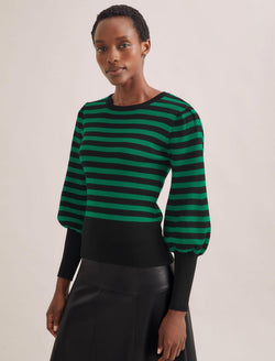 Eva Wool Crew Neck Jumper - Black Emerald Green Stripe