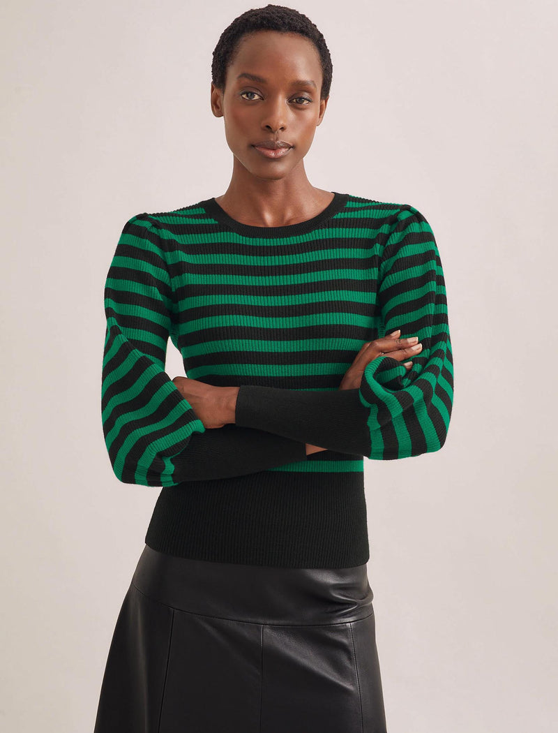 Eva Wool Crew Neck Jumper - Black Emerald Green Stripe