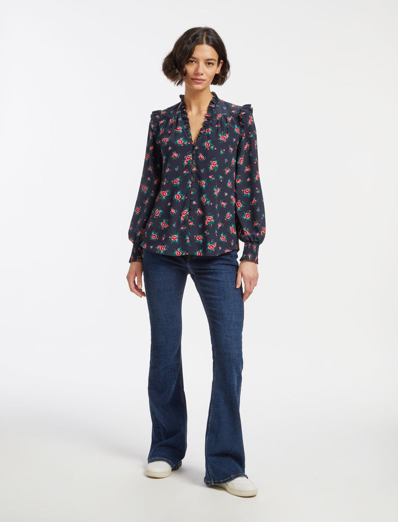Stella Silk Shirt - Navy Posy Print