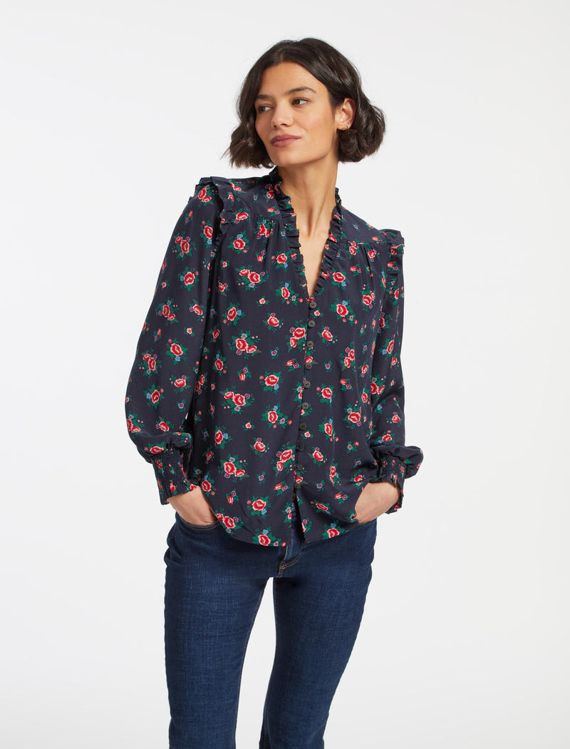 Stella Silk Shirt - Navy Posy Print
