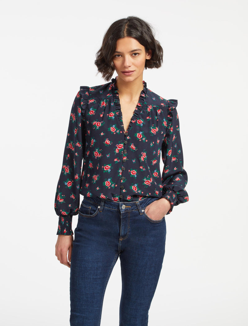 Stella Silk Shirt - Navy Posy Print