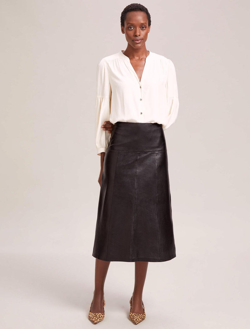 Black faux leather top midi pencil skirt
