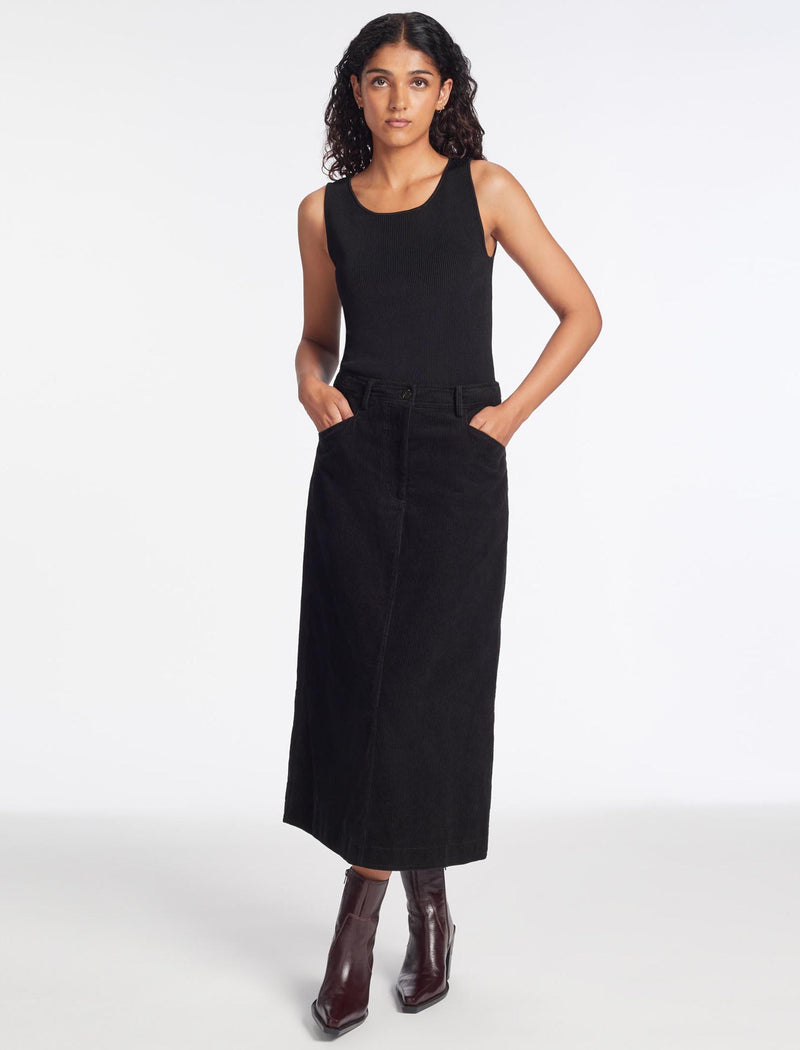 Shona Corduroy A Line Midi Skirt - Black