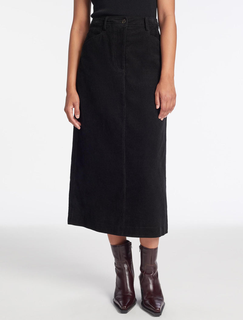 Shona Corduroy A Line Midi Skirt - Black