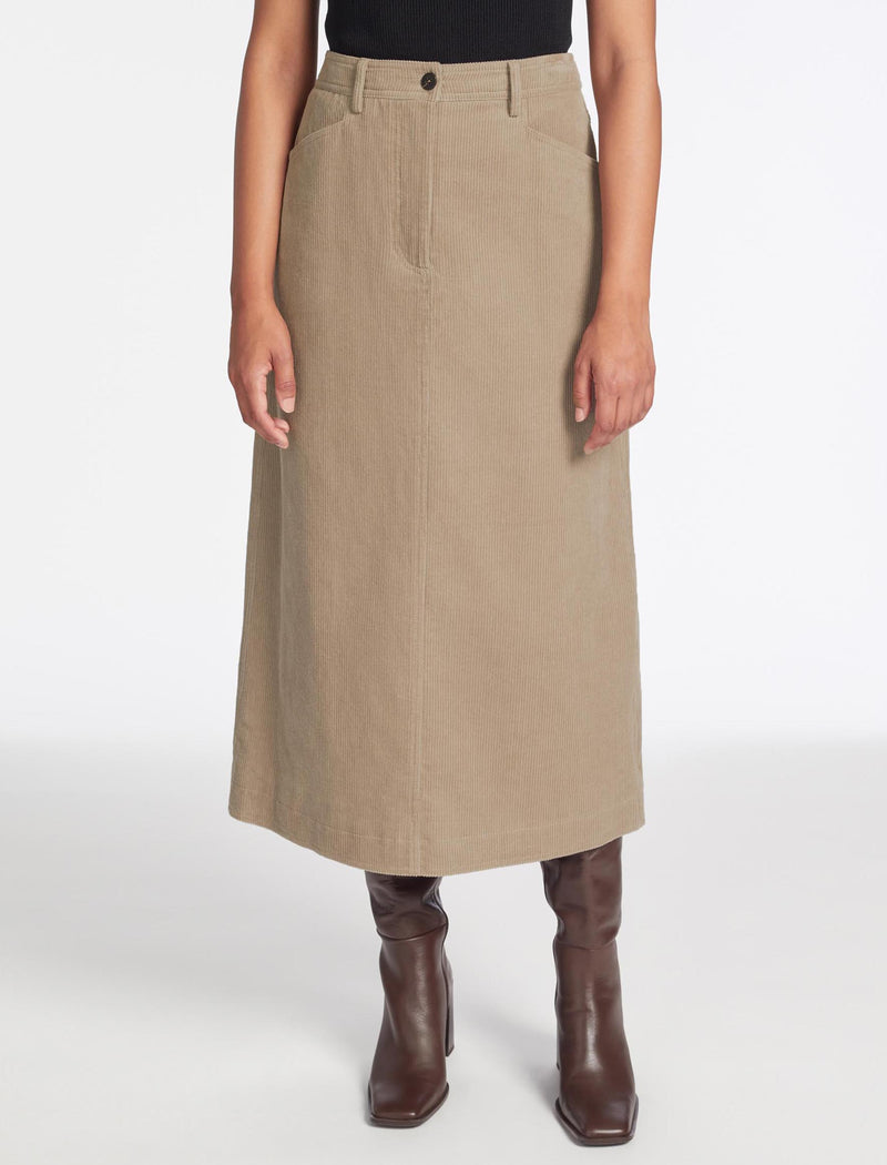 Shona Corduroy A Line Midi Skirt - Taupe