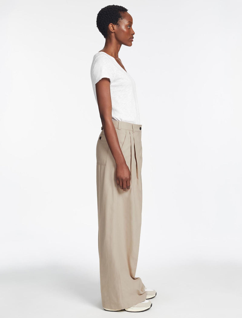 Tamara Cotton Twill Pleated Wide Leg Trouser - Beige