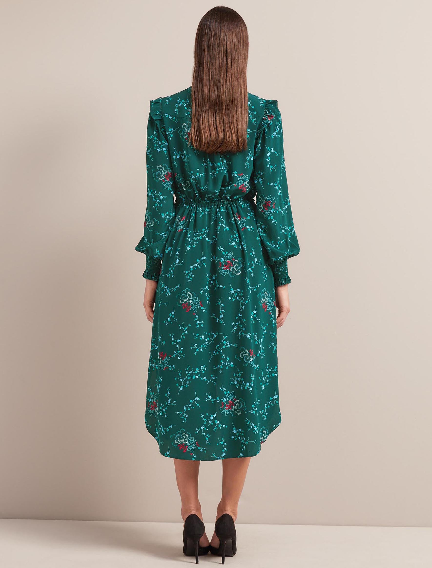 Stella Silk Drawstring Frill Detail Midi Dress - Green Lotus Print