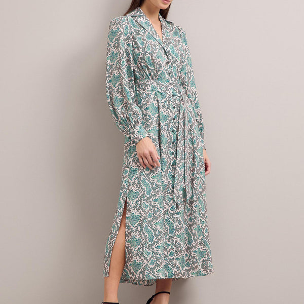 Odette Collared Maxi Shirt Dress with Tie Belt - Green Snakeskin Print