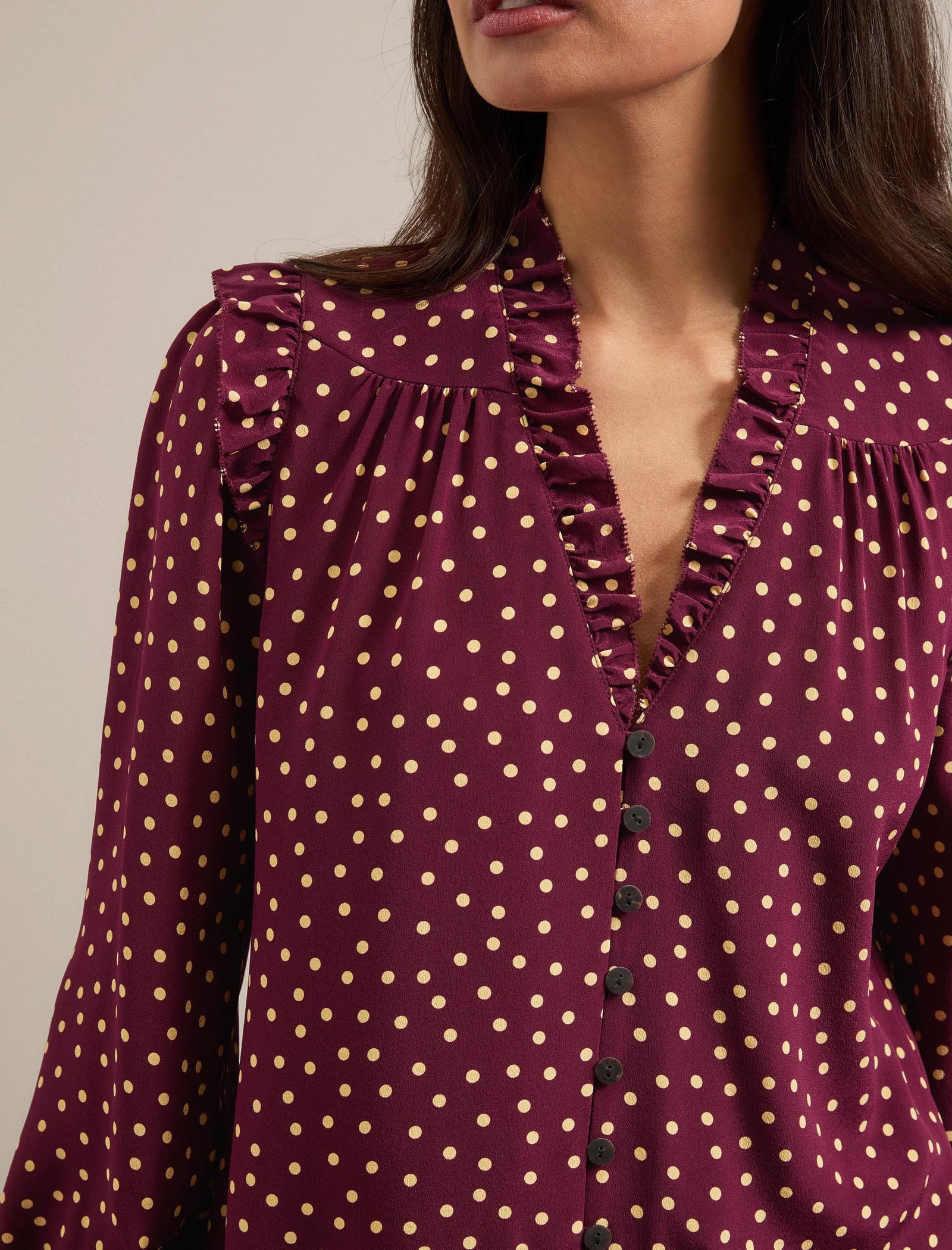 burgundy polka dot shirt