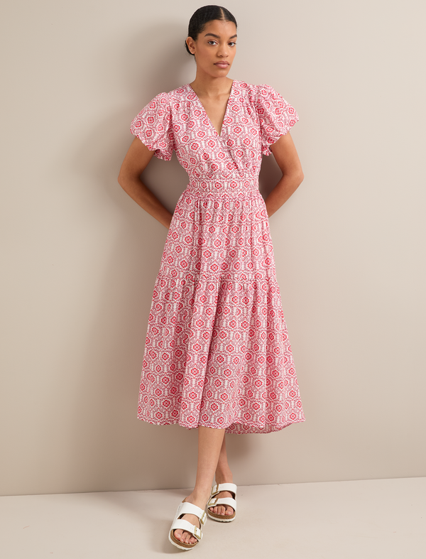 Orla Cotton Maxi Dress - White Pink Circle Carnation Print