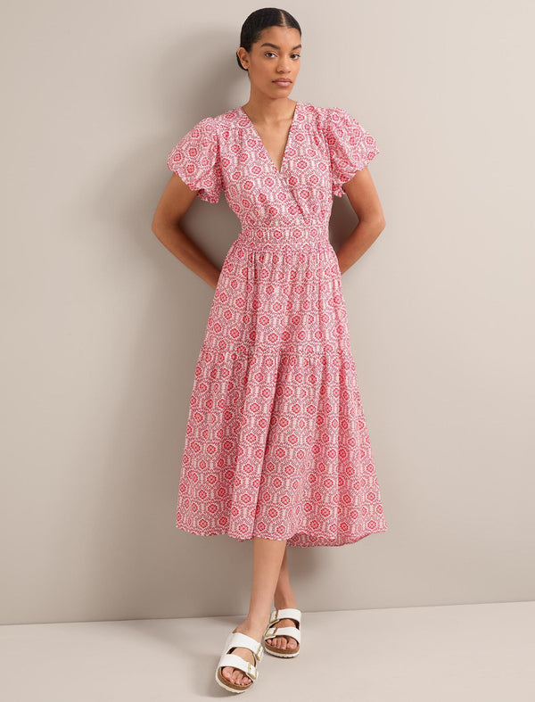 Orla Cotton Maxi Dress - White Pink Circle Carnation Print
