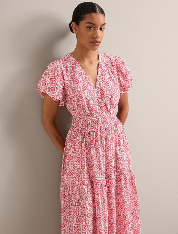 Orla Cotton Maxi Dress - White Pink Circle Carnation Print