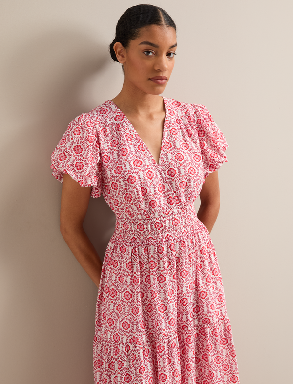 Orla Cotton Maxi Dress - White Pink Circle Carnation Print