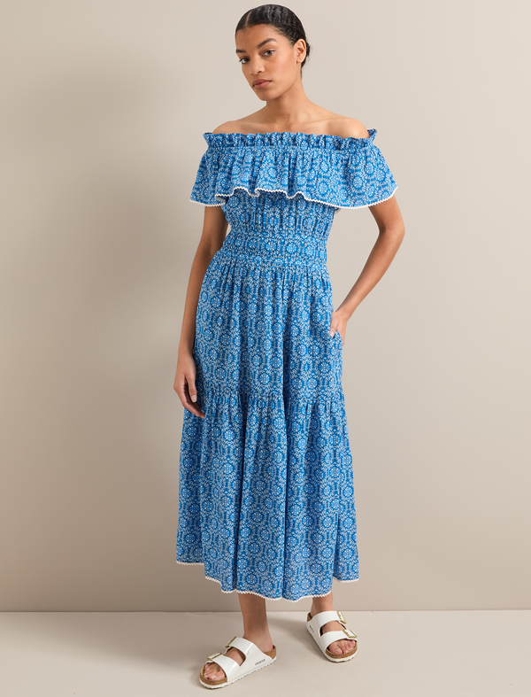 Aimee Cotton Maxi Dress - Blue Circle Carnation Print