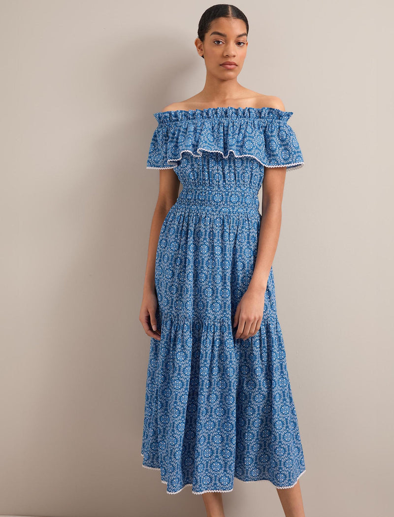 Aimee Cotton Maxi Dress - Blue Circle Carnation Print
