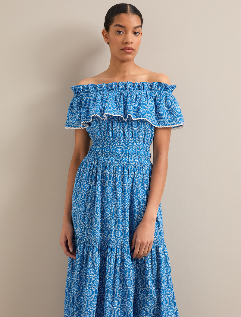 Aimee Cotton Maxi Dress - Blue Circle Carnation Print