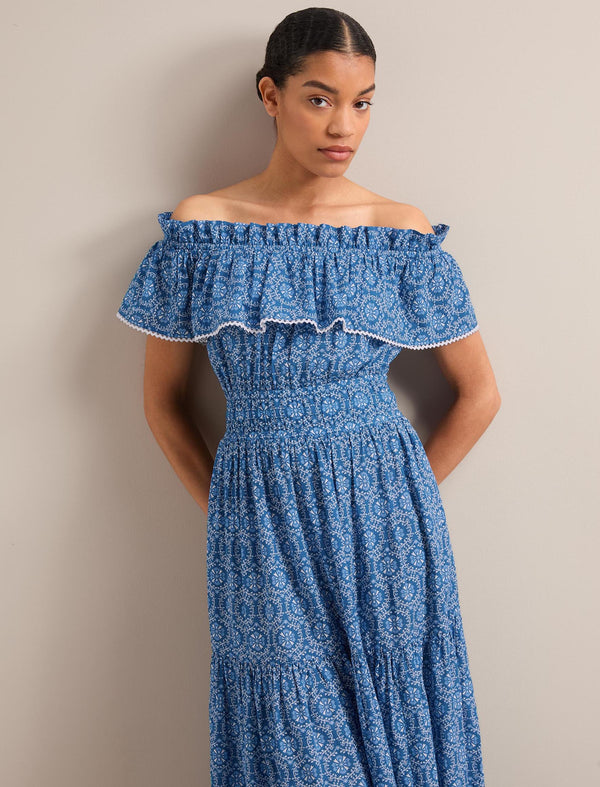 Aimee Cotton Maxi Dress - Blue Circle Carnation Print